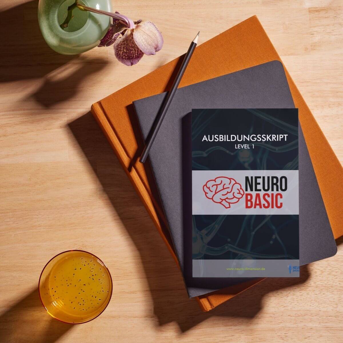 Bücher auf einem Holztisch, obenauf ‚Ausbildungskrit Level 1 Neuro Basic‘, daneben eine Vase, ein Getränk und ein schwarzer Stift